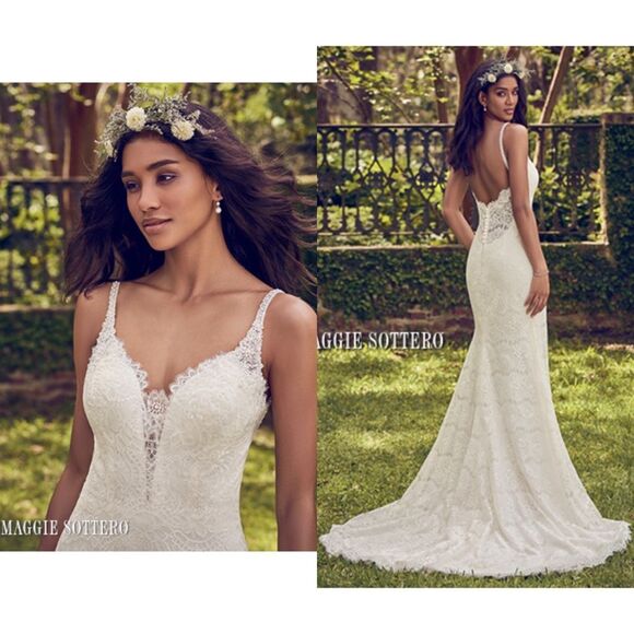 Maggie Sottero Dorian 8MS563 All-over Lace Beaded Straps Wedding Dress, Size 12 - Picture 16 of 16